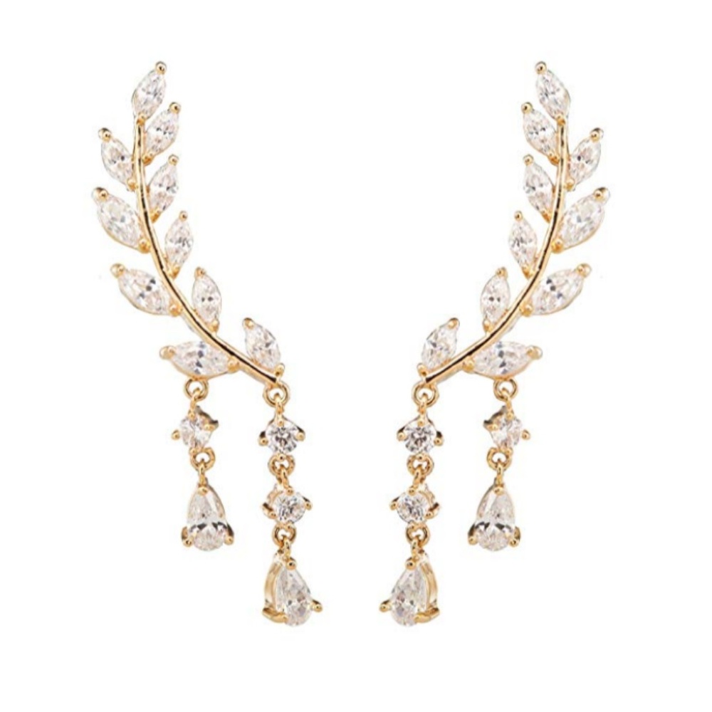 Gold/Silver Tone CZ Leaf Branch Dangle Earrings
